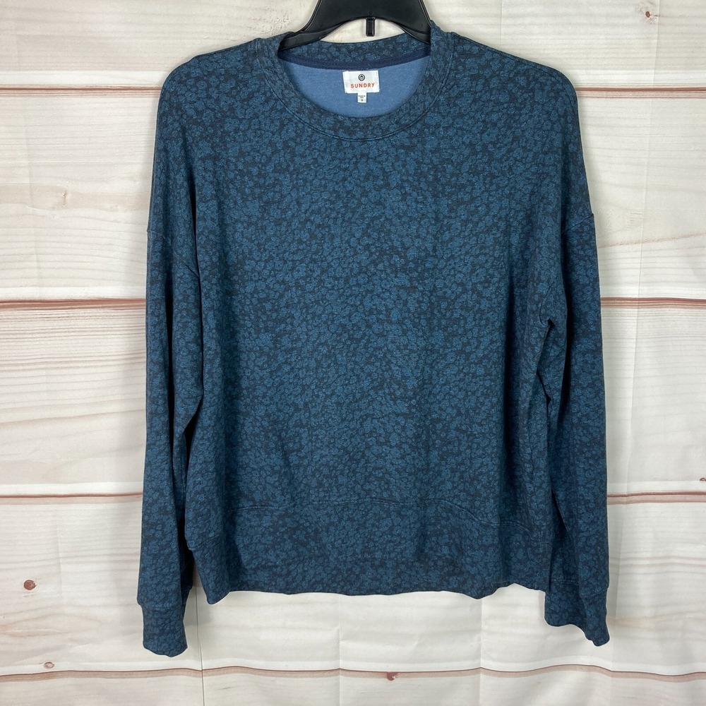 Sundry Sweatshirt Womens 3 Large Blue Crew Neck Floral Long Sleeve Pullover Knit